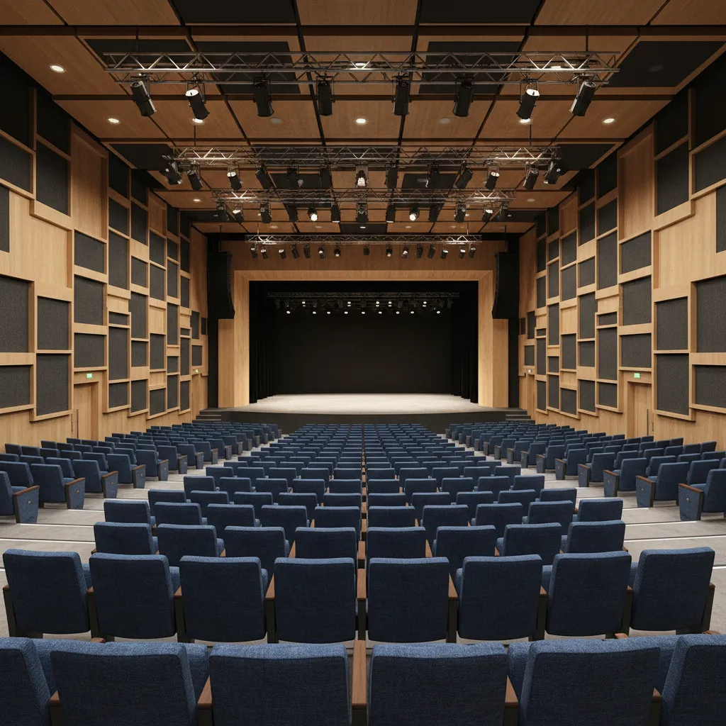 Large auditorium 3D model with tiered seating and central stage