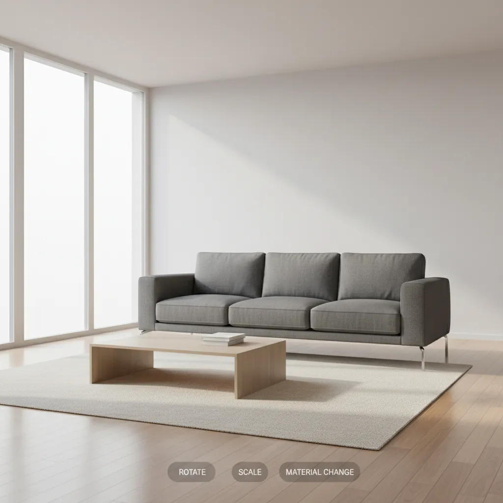 Augmented reality app placing virtual sofa inside a real living room