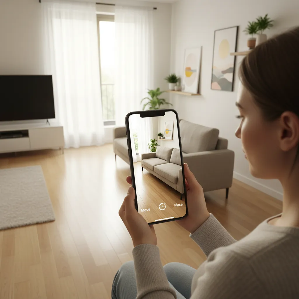 User viewing virtual sofa placement through AR furniture app in living room