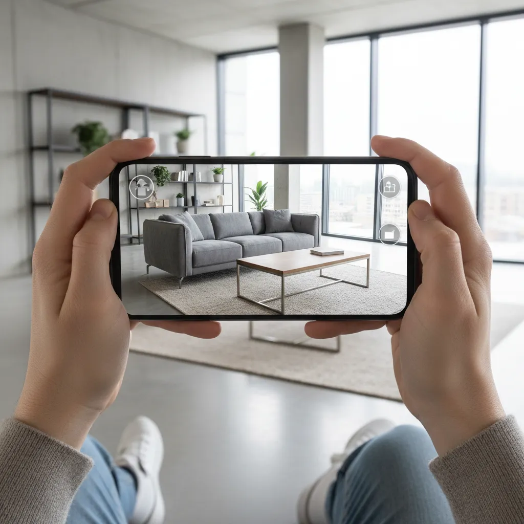 Augmented reality interior design preview showing furniture placement inside a real living room