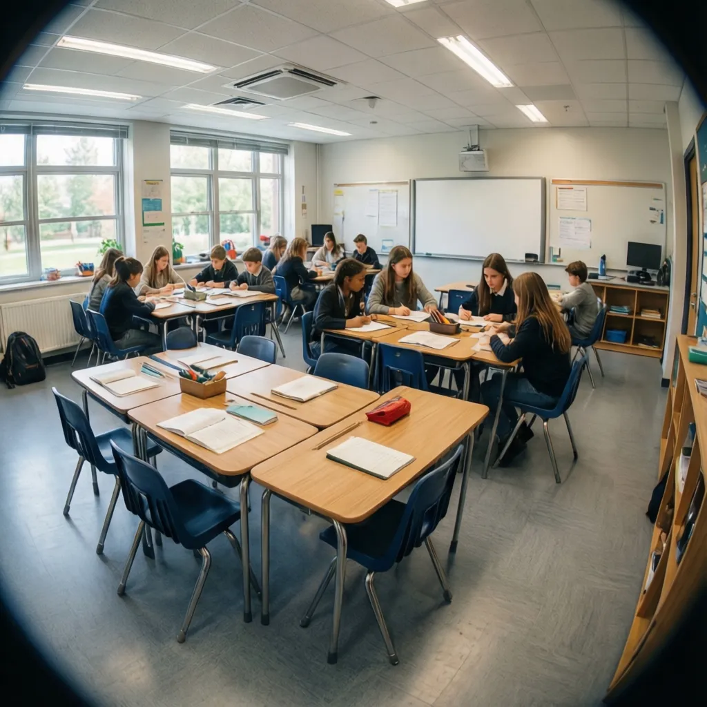 Aula escolar con mesas modulares organizadas para trabajo en grupo