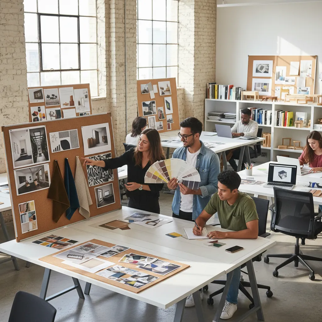 Aula de diseño con paneles de inspiración y muestras de materiales