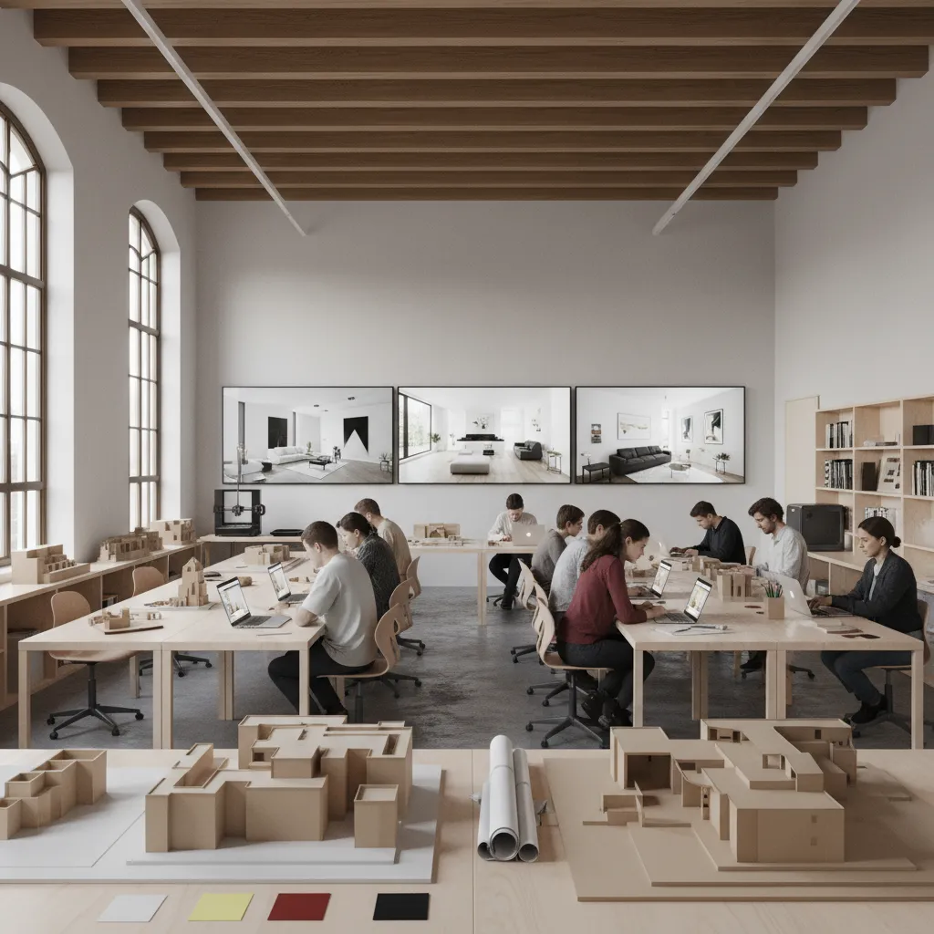 Students working on interior design drawings in a bright classroom with large screens and wooden models