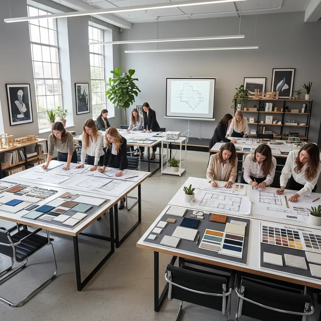 Clase práctica de diseño de interiores con planos y muestras de materiales