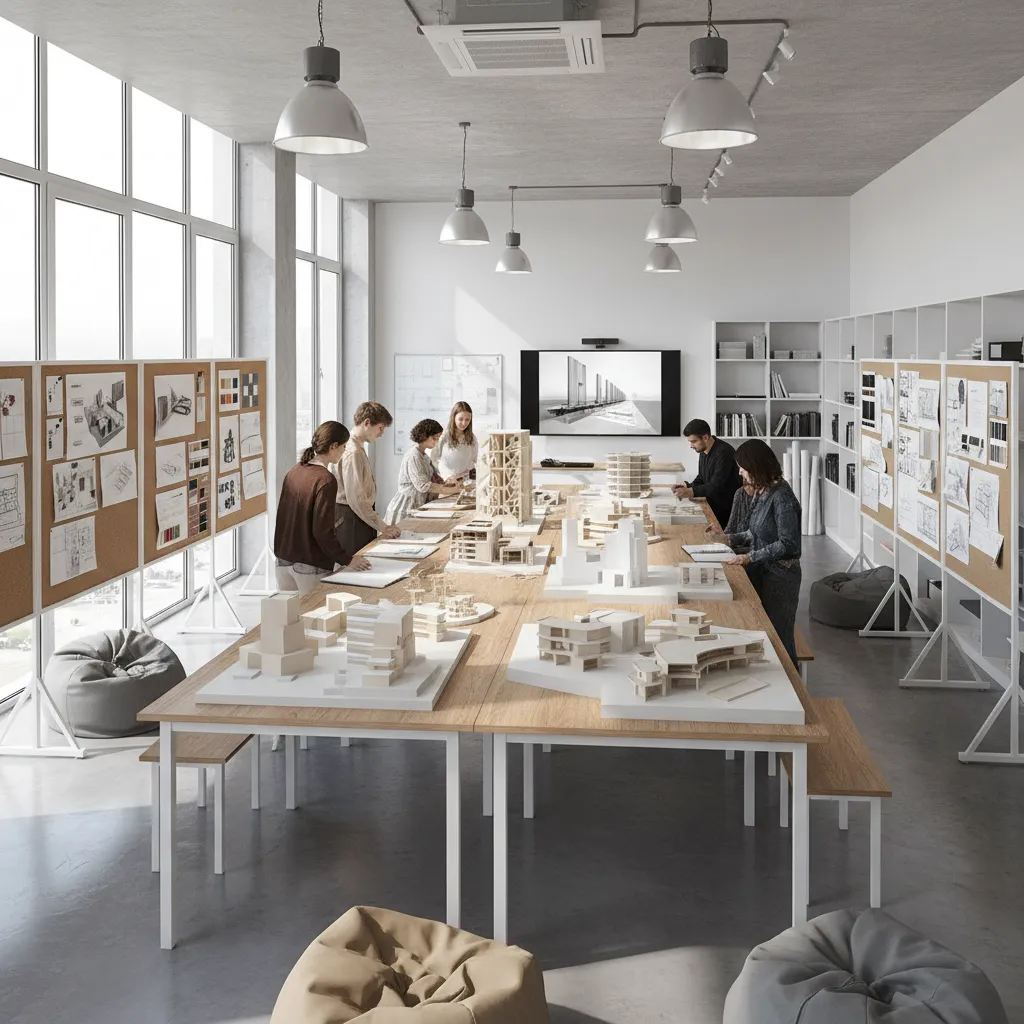 Students working on physical building models inside a bright studio with windows and light fixtures