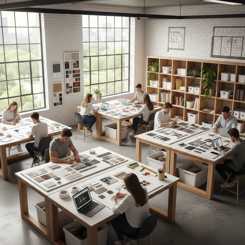 Clase de estudiantes trabajando en proyectos de interiorismo