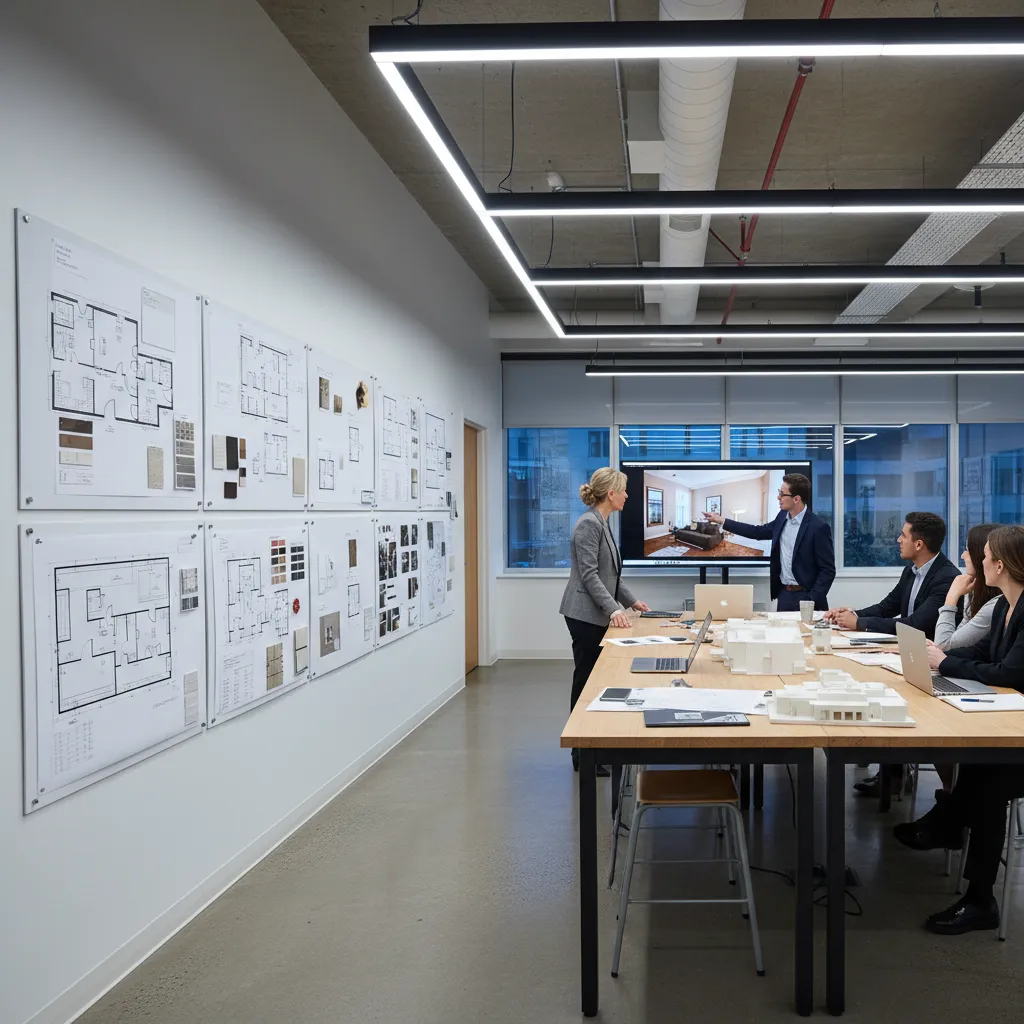clase de diseño de interiores con profesor revisando proyectos de estudiantes
