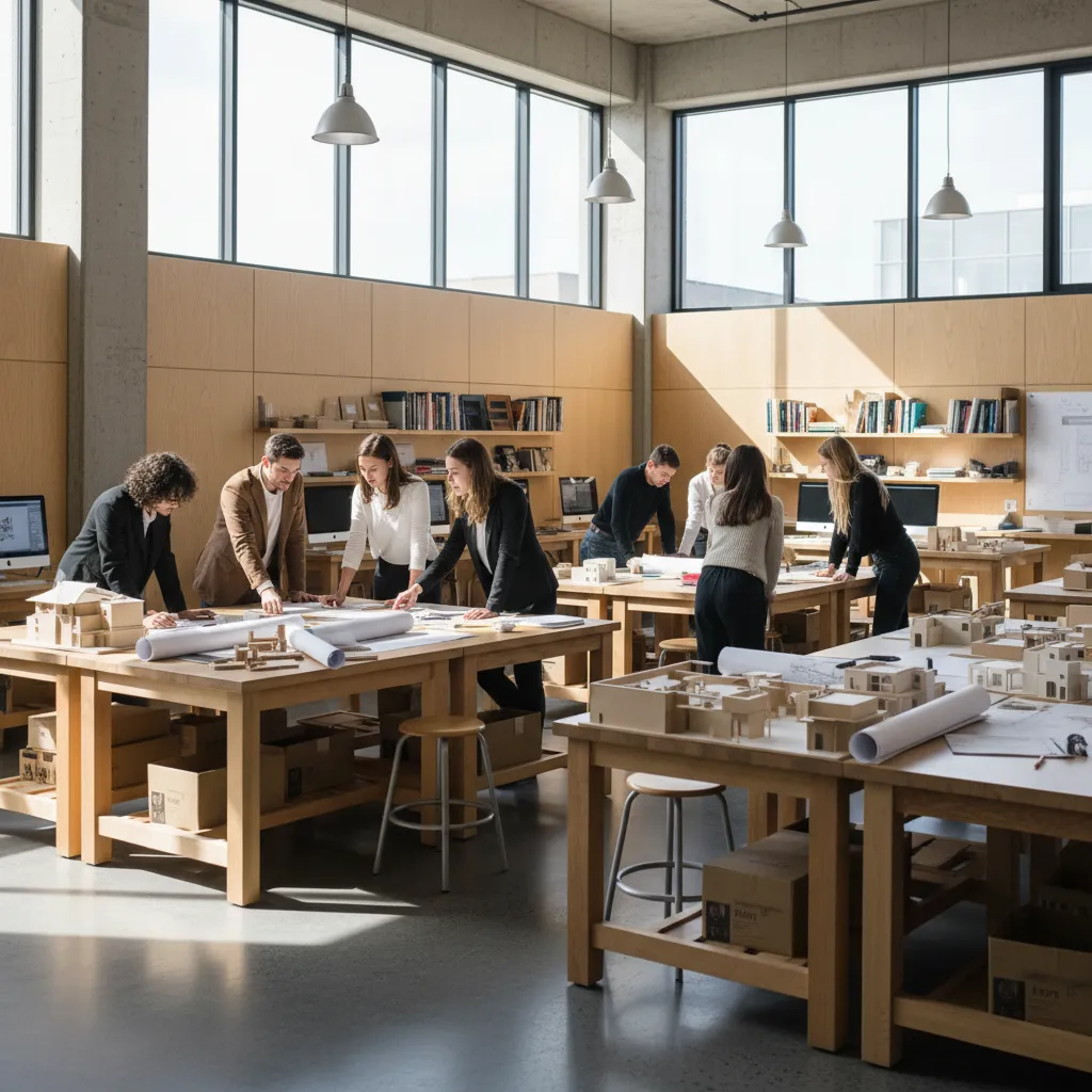 Aula universitaria de diseño de interiores con estudiantes revisando planos y maquetas