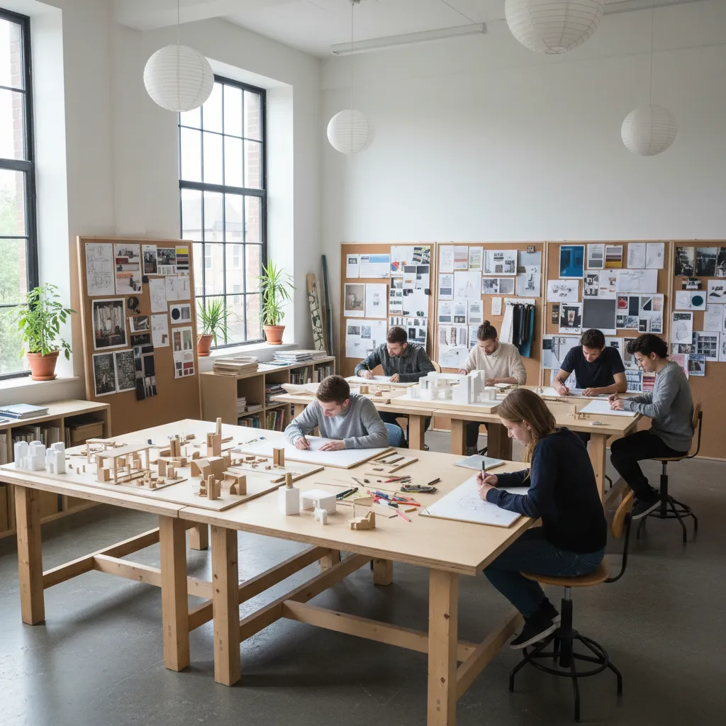 Clase de estudiantes de diseño de interiores trabajando en proyectos