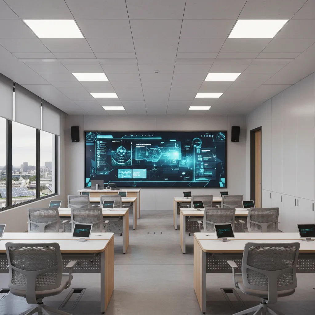 Aula tecnológica moderna con pantalla digital y iluminación equilibrada