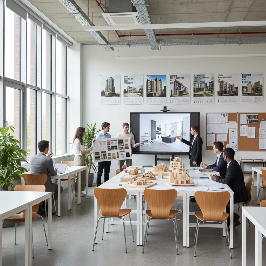 Aula universitaria de diseño con estudiantes trabajando en proyectos de interiores