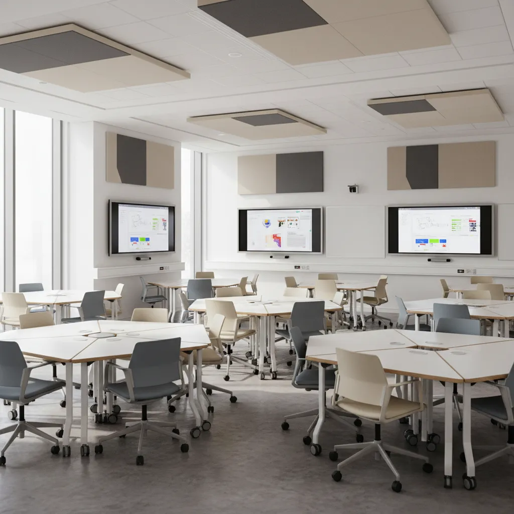 Aula universitaria moderna con mesas móviles y pantallas digitales