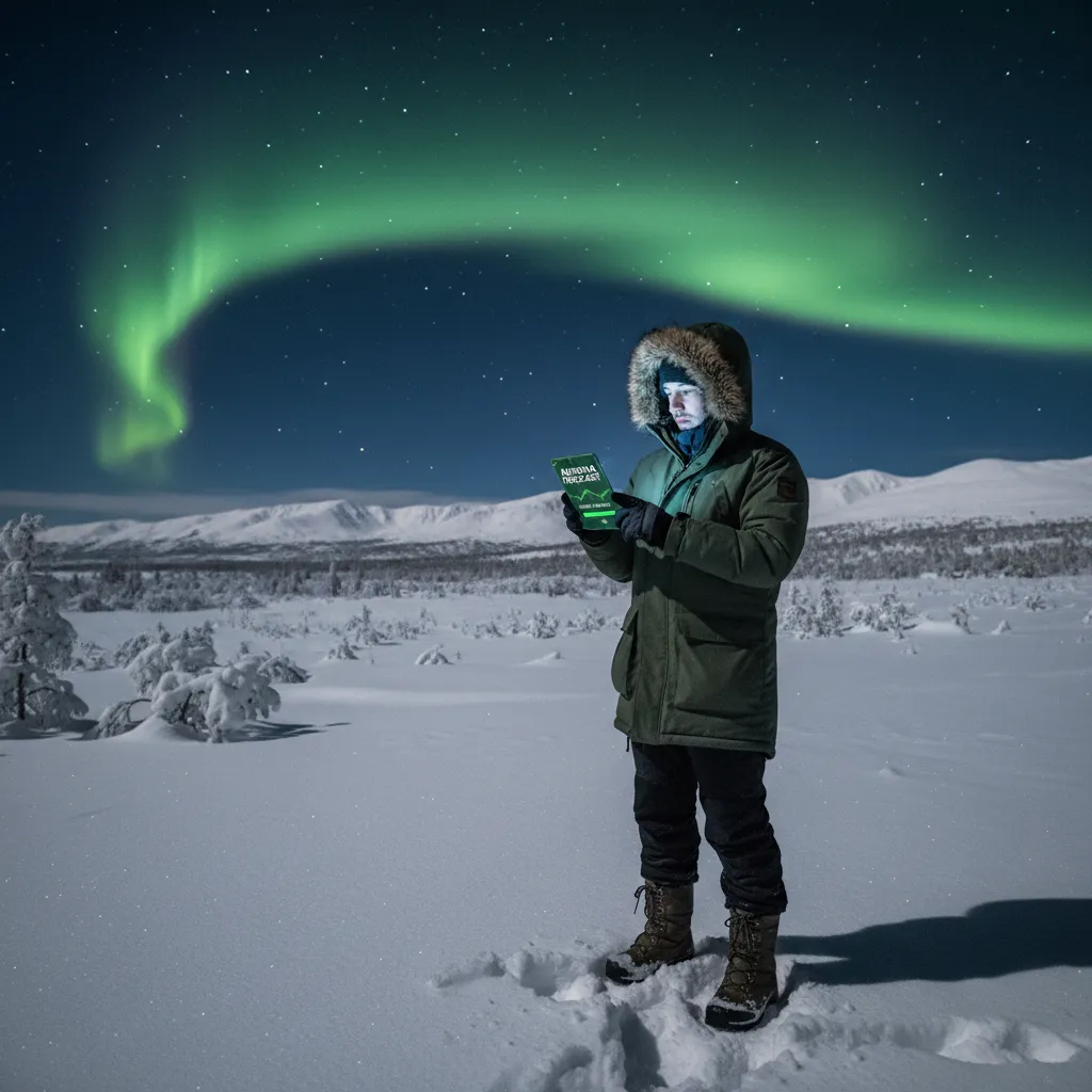 Traveler checking aurora forecast app under starry sky