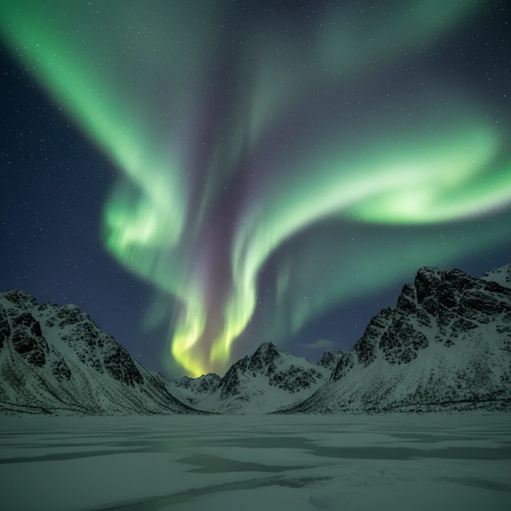Bright green aurora borealis over snowy landscape at night