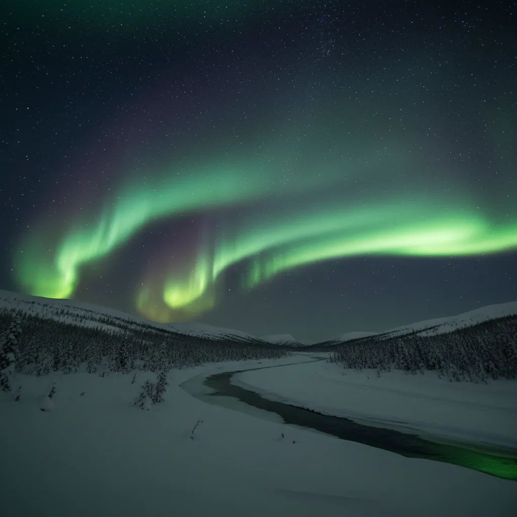 Bright northern lights visible across a clear star filled sky in a remote landscape