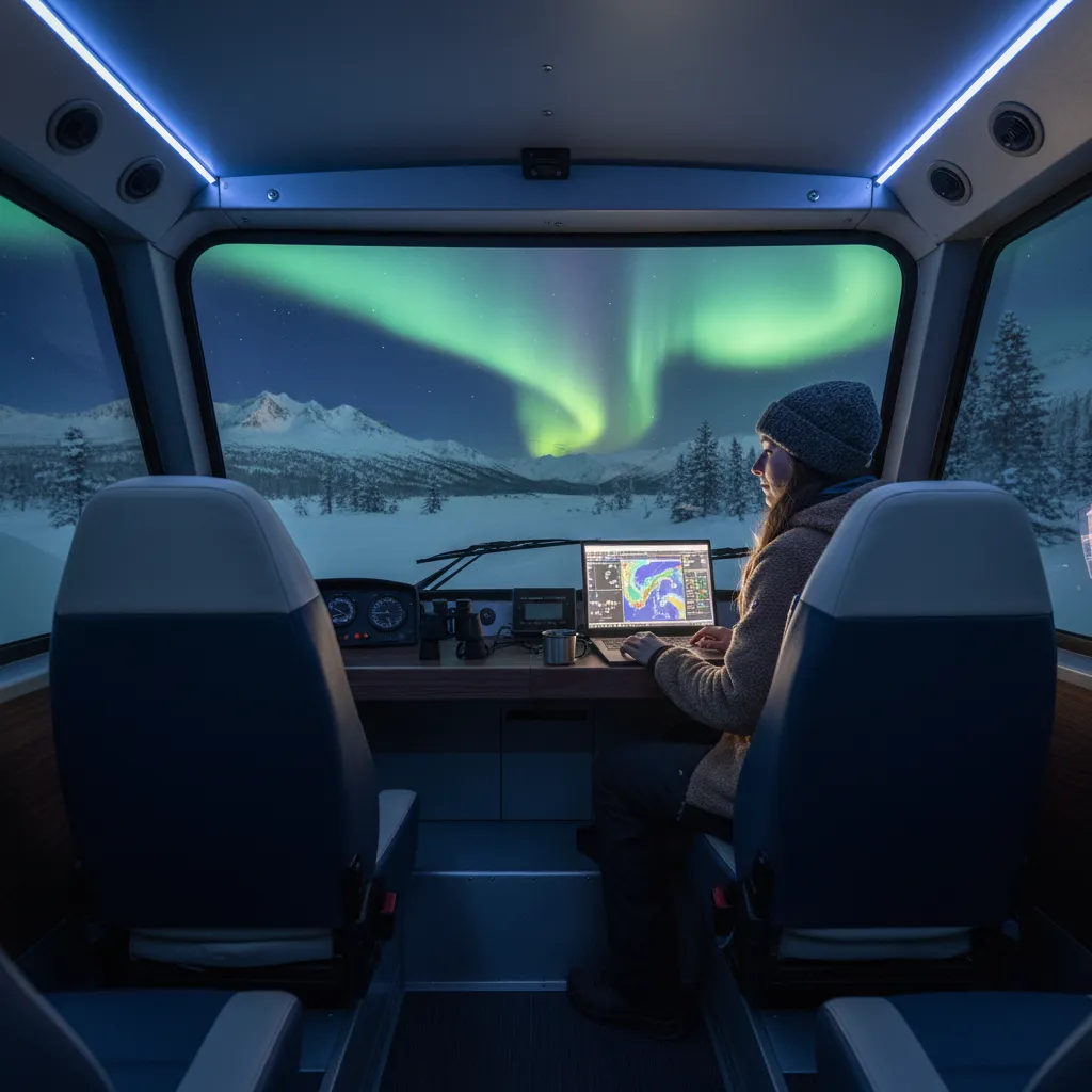 Aurora guide analyzing weather maps and cloud forecasts before a northern lights tour