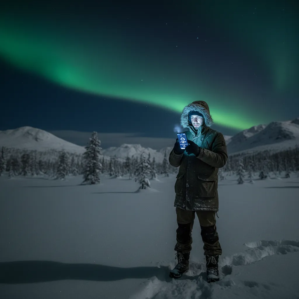 Person outdoors at night checking weather and aurora forecast on smartphone