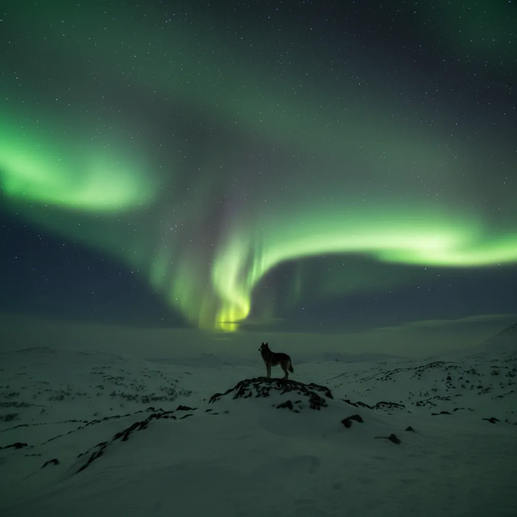 Silhouette of dog against aurora borealis sky in snowy landscape
