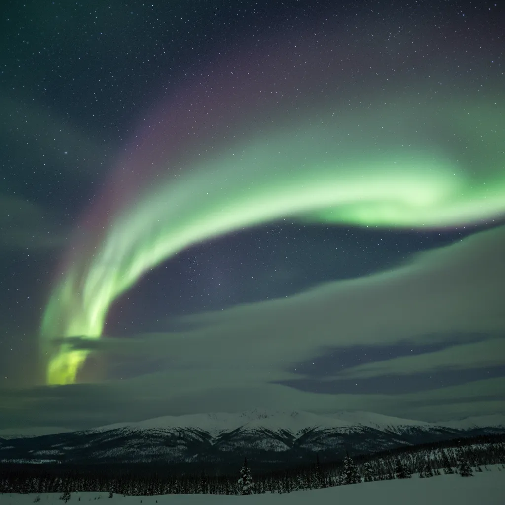 Northern lights visible through opening in moving clouds