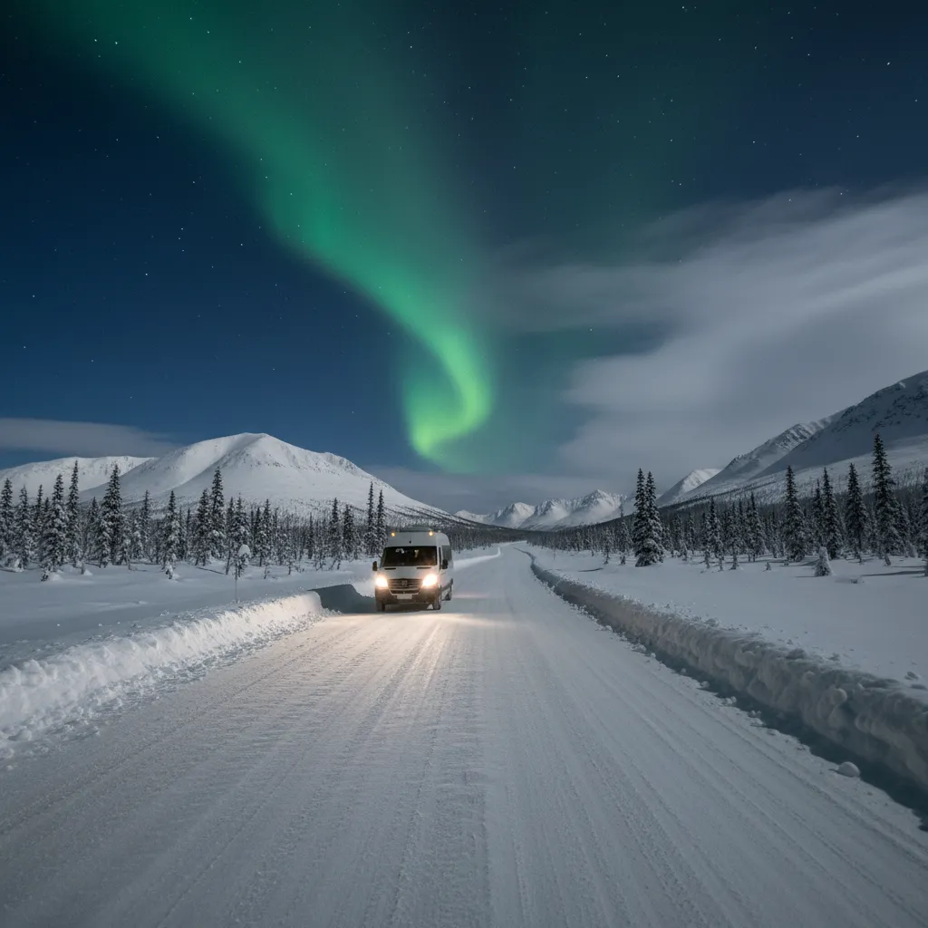 Aurora tour van driving along snowy road searching for clear skies