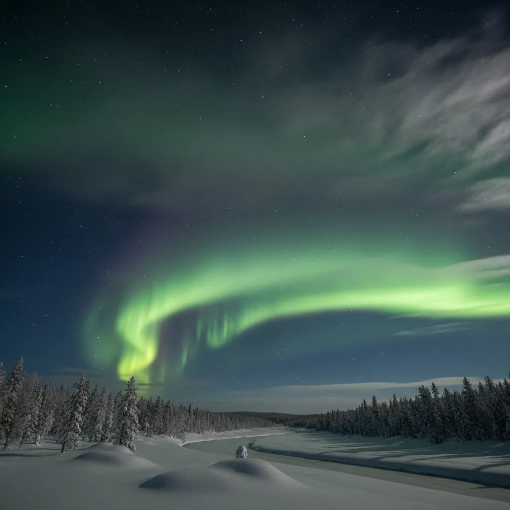 Northern lights glowing through thin high clouds in a dark sky
