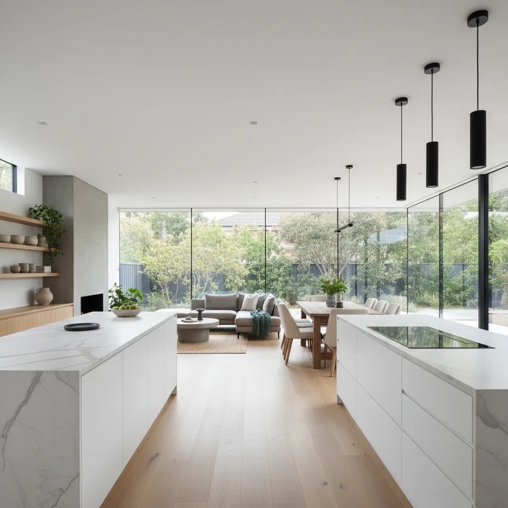 Modern kitchen with marble islands and wood floor showing open living room with grey sofa