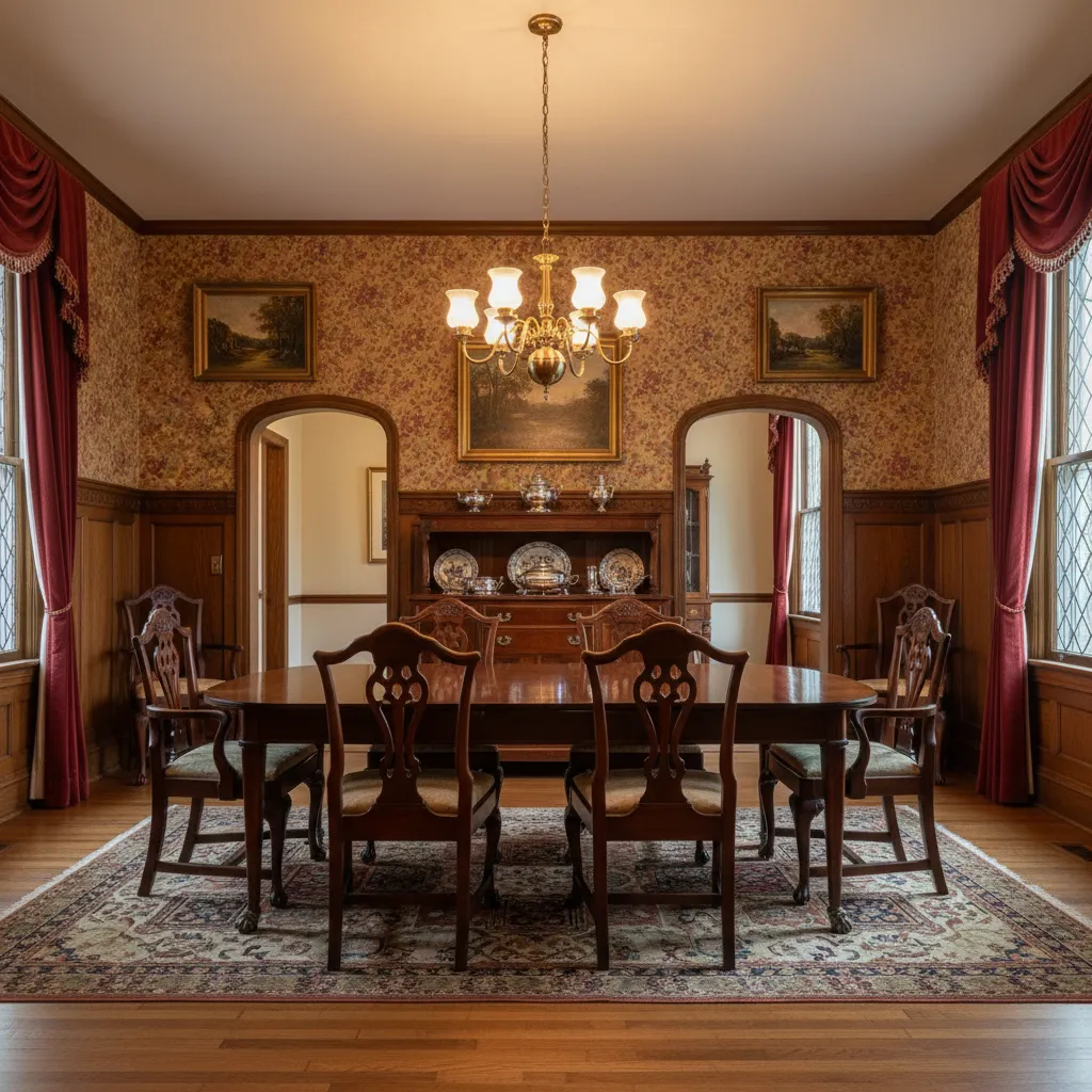Authentic 1920s dining room with dark wood furniture and symmetrical layout