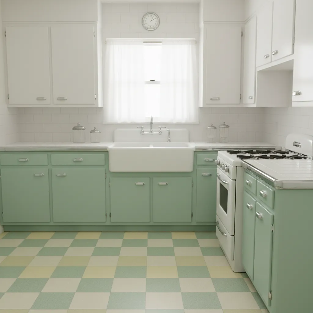 authentic 1930s kitchen materials including linoleum floor tile countertops and enamel cabinets