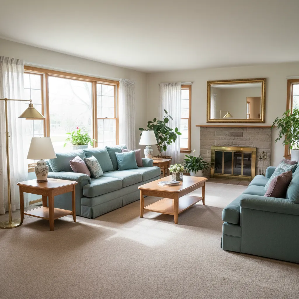 Typical 1980s suburban living room with pastel tones and brass details