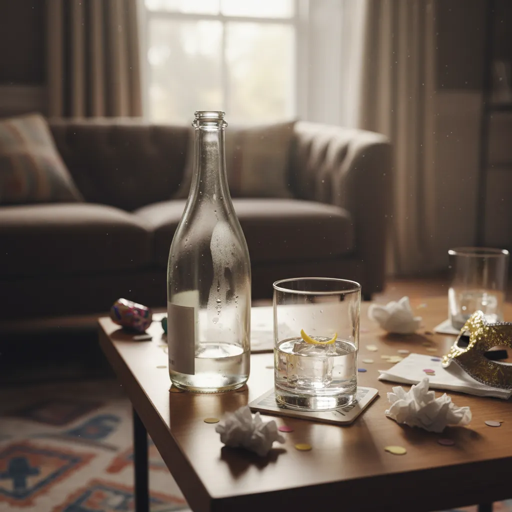 Detalle de mesa con botella casi vacía y vaso con hielo derretido