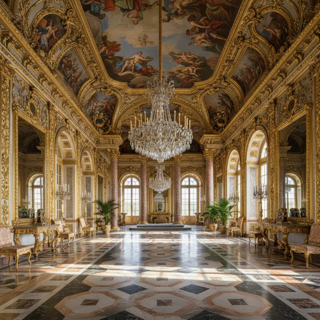 historic baroque palace interior with gilded ornament marble floor and ceiling fresco