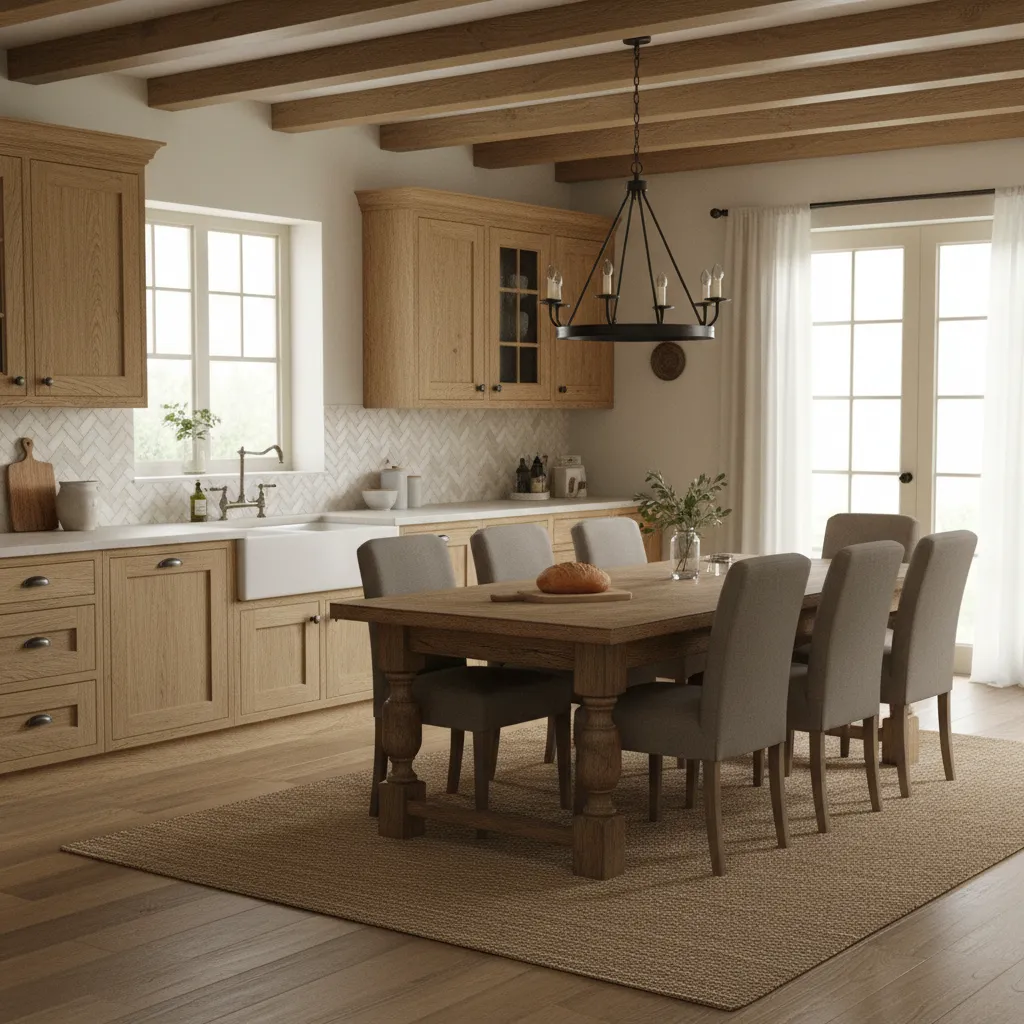 Authentic country kitchen interior with wood textures and soft neutral colors