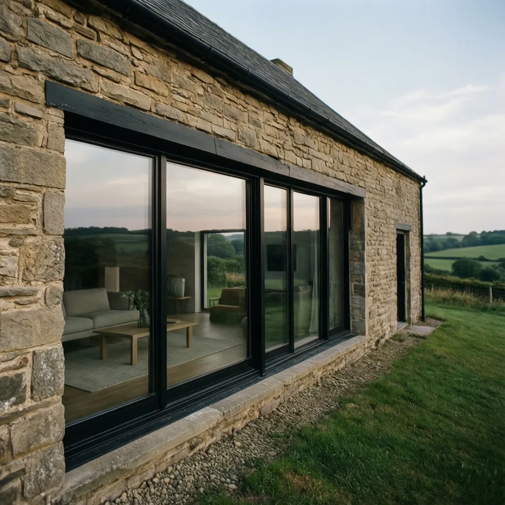 Exterior de casa rural moderna con piedra natural y diseño limpio