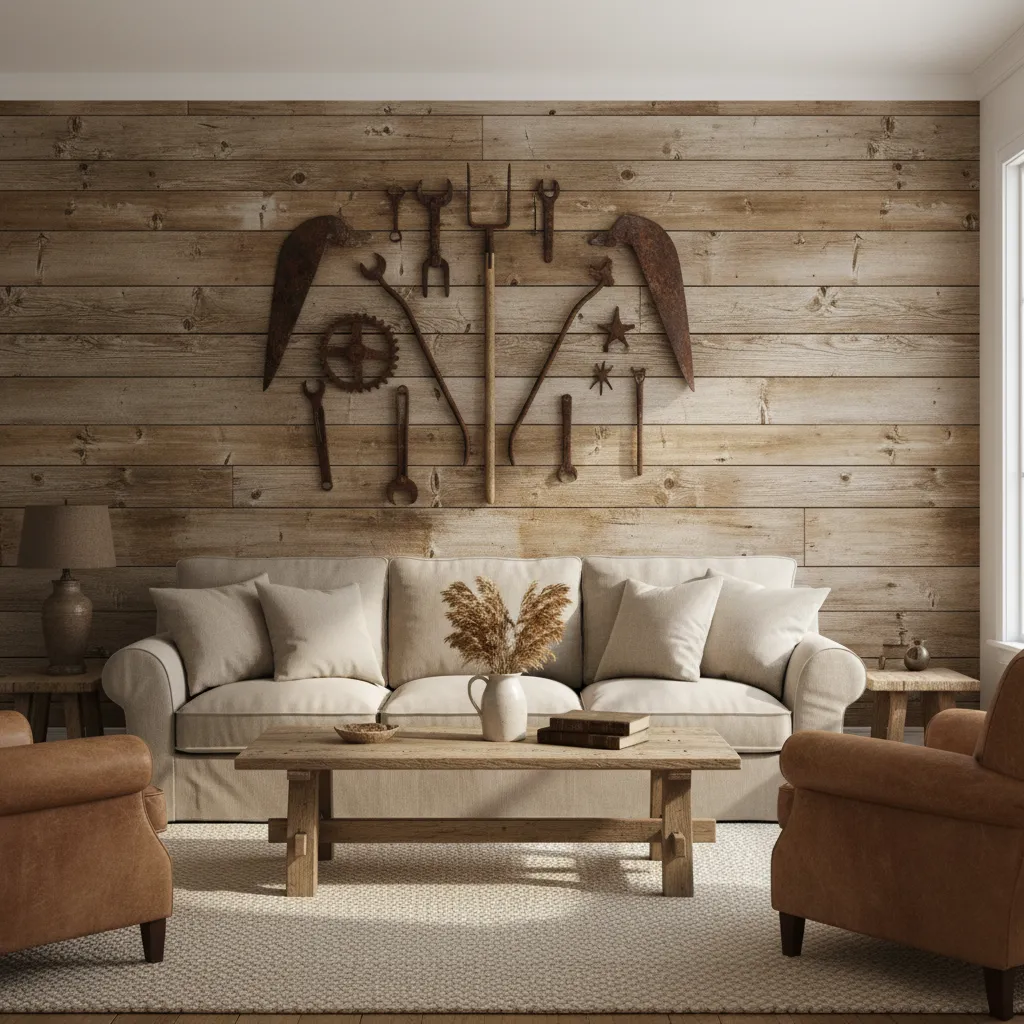 Farmhouse living room featuring reclaimed wood and vintage wall decorations