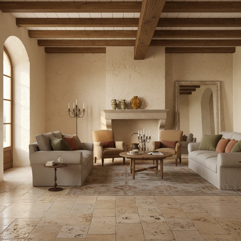 Close view of travertine floor lime plaster wall and wooden beams in a Tuscan interior