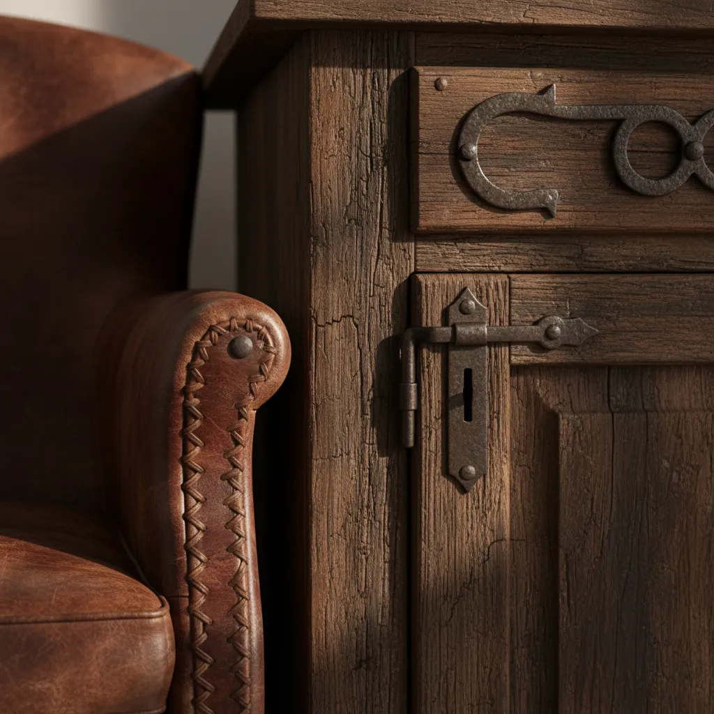 close up of authentic western decor materials leather stitching wood grain and iron hardware