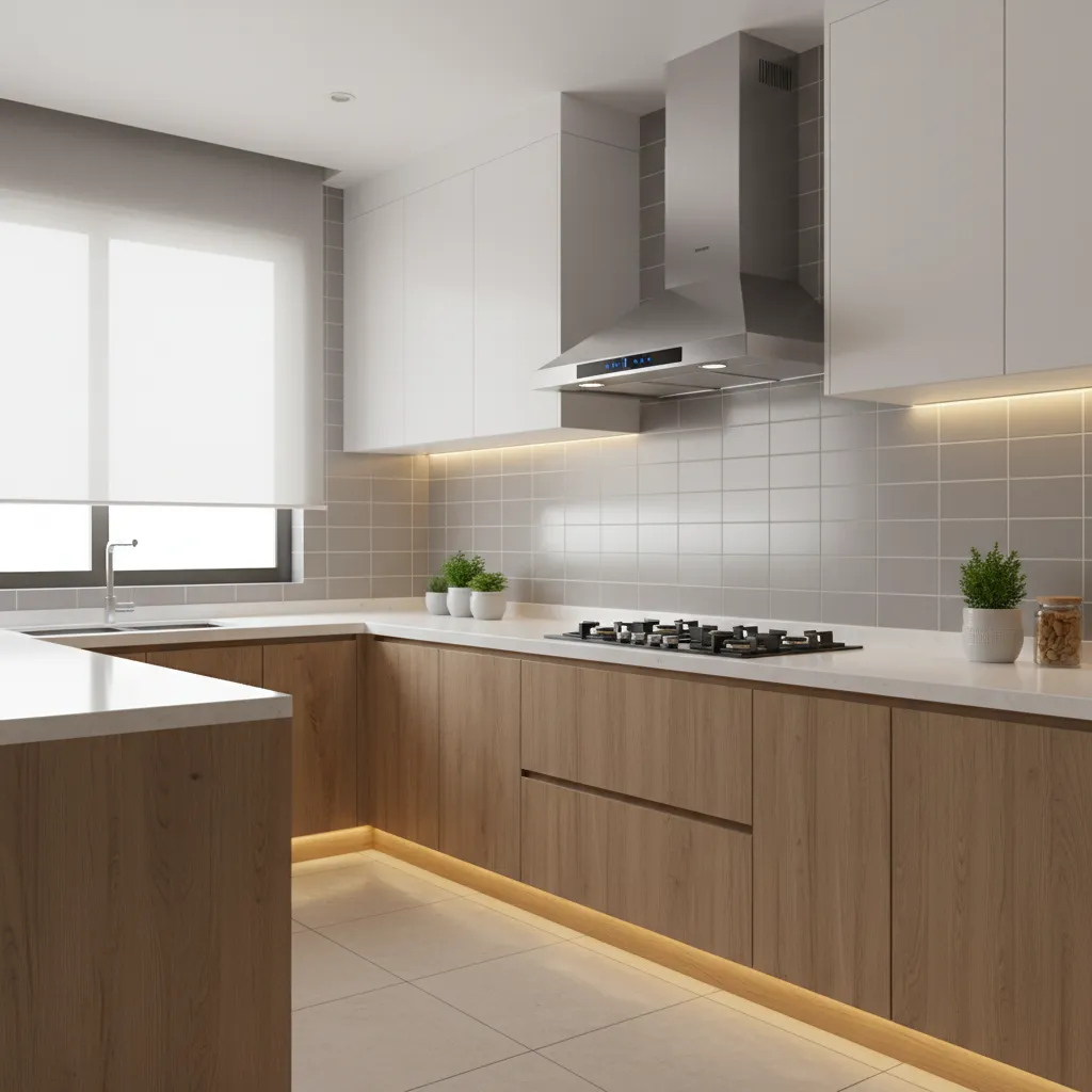 modern auto clean kitchen chimney in contemporary Indian kitchen