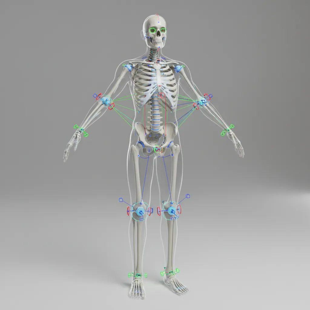 3D humanoid character with visible skeleton rig overlay