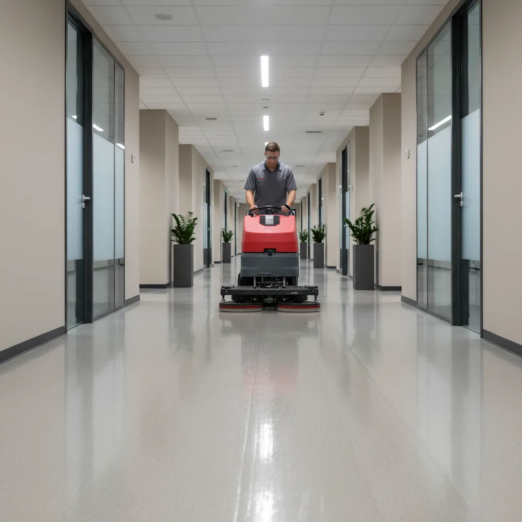 auto scrubber machine cleaning linoleum floor in office building corridor