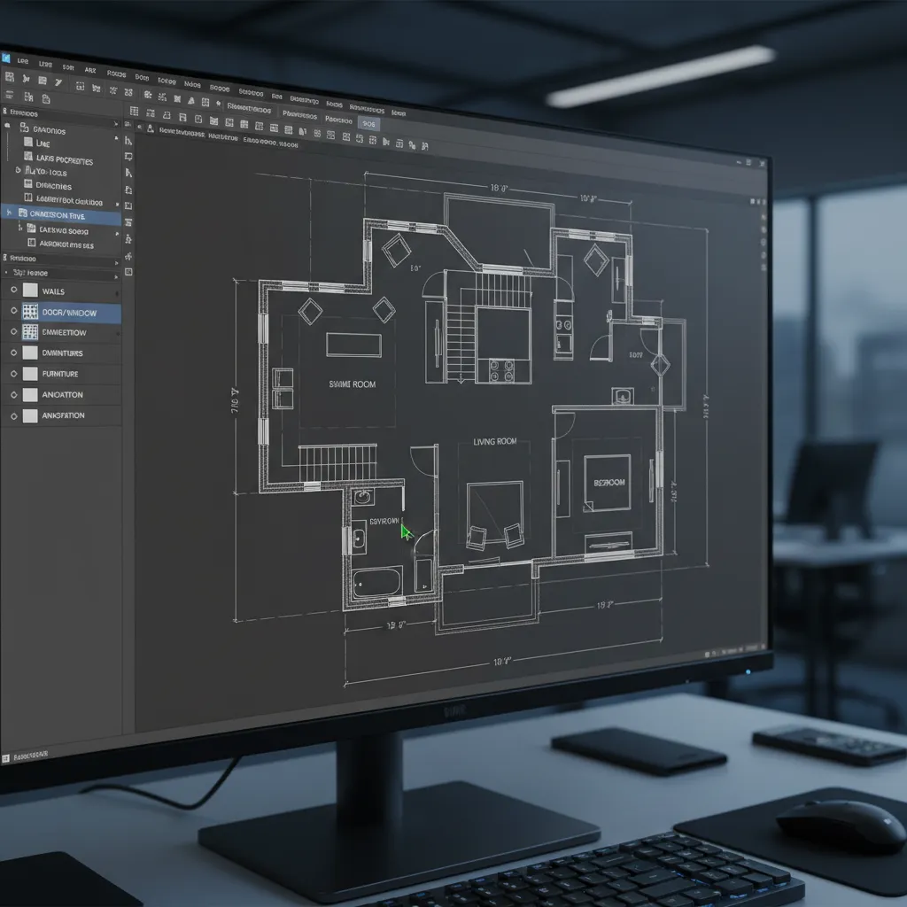 Detailed AutoCAD 2D architectural floor plan drawing on computer screen