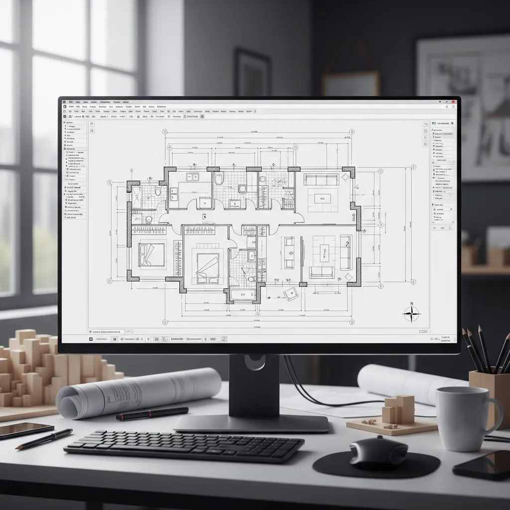 technical AutoCAD style 2D architectural floor plan with dimensions and layers
