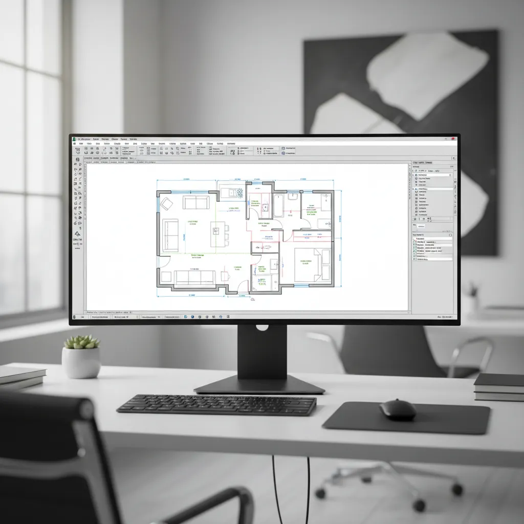 AutoCAD interface showing a detailed 2D architectural floor plan with walls and dimensions