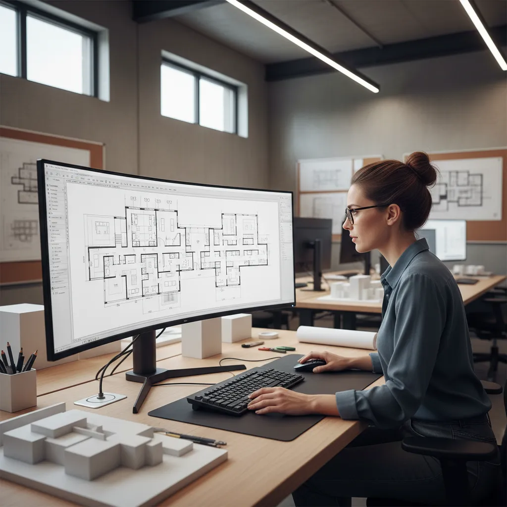 designer creating precise 2D architectural floor plan in CAD drafting software
