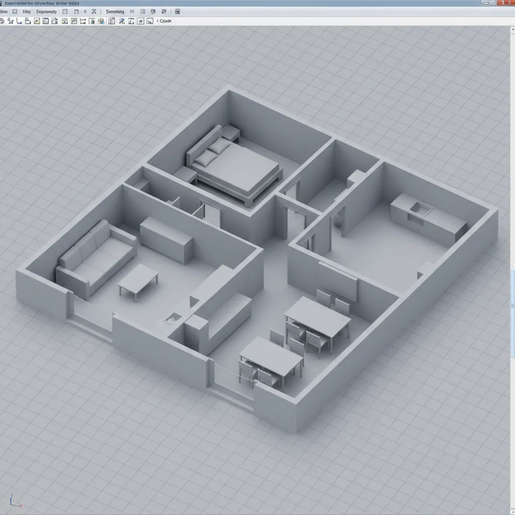 3D AutoCAD model of apartment layout with walls and furniture