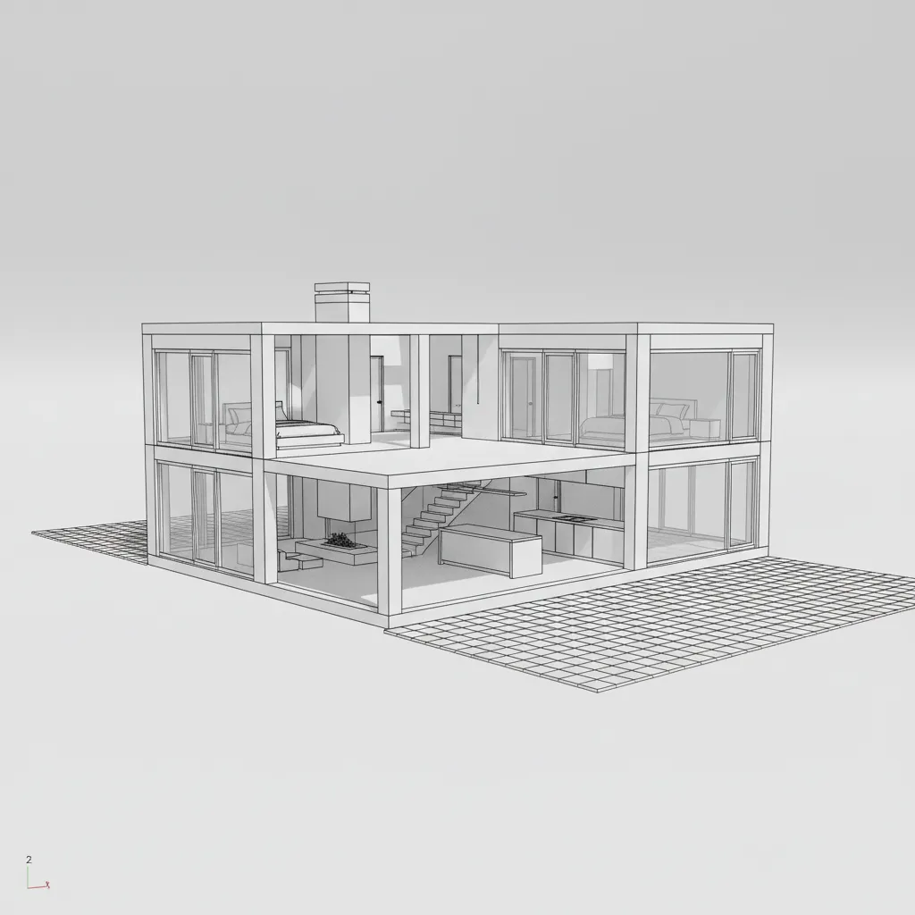 3D architectural layout created in AutoCAD showing walls and structure