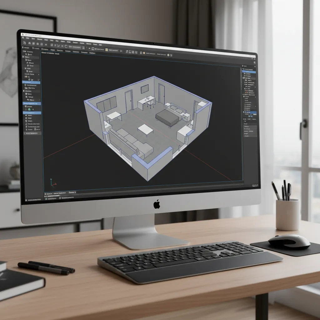 AutoCAD interface showing a detailed 3D floor plan model of a modern apartment