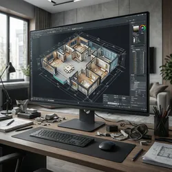 Desktop monitor displaying a detailed 3D interior design drawing of a modern house room layout