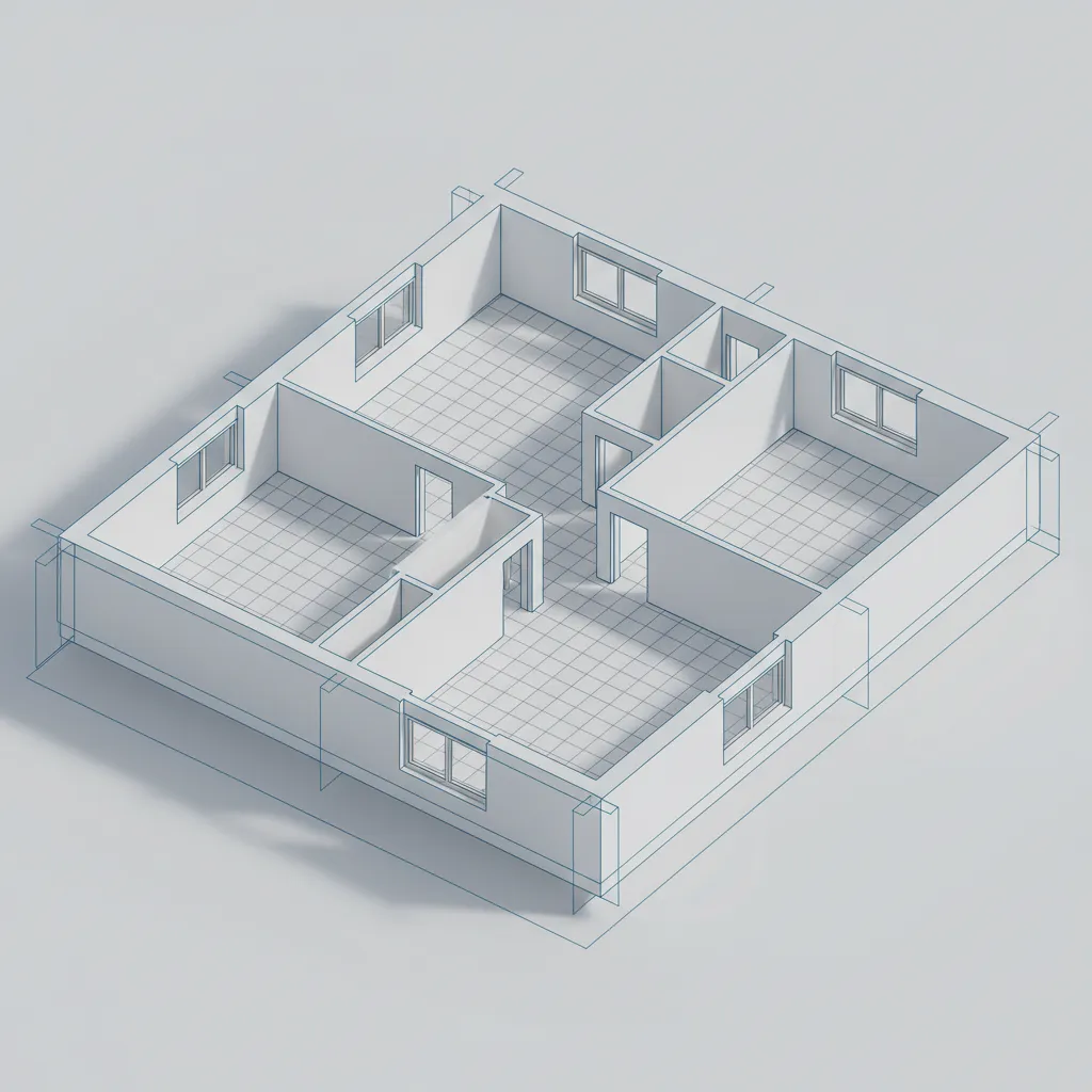 Technical AutoCAD style 3D floor plan model with walls and structural elements