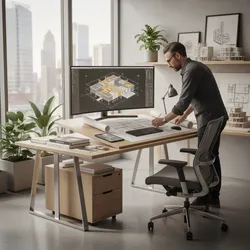 Man at a desk using a computer showing a 3D floor plan with paper drawings