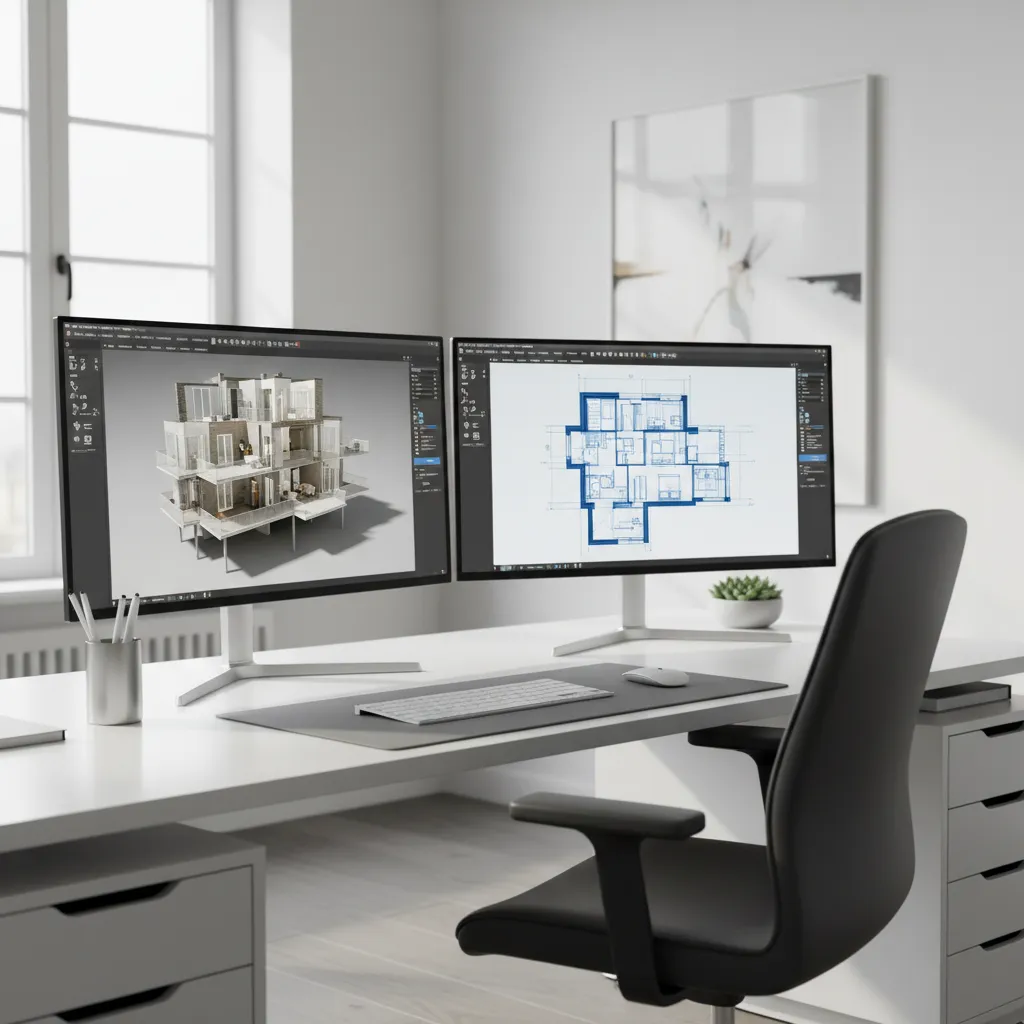Overview of AutoCAD 3D architectural floor plan modeling on a workstation screen